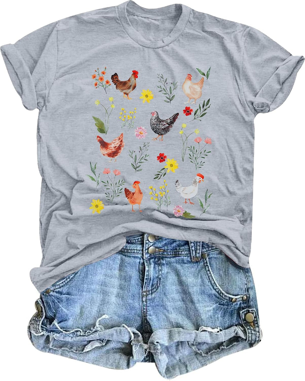 Chicken Shirt Women Wildflower Chicken Shirt Cute Chicken Mom T-Shirt Farm Country Casual Tee Tops - Grey