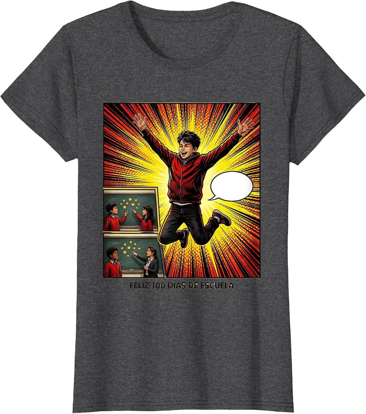 Women's Feliz 100 Días de Escuela Comic Book Spanish Teacher 100th T-Shirt - Dark Heather Grey