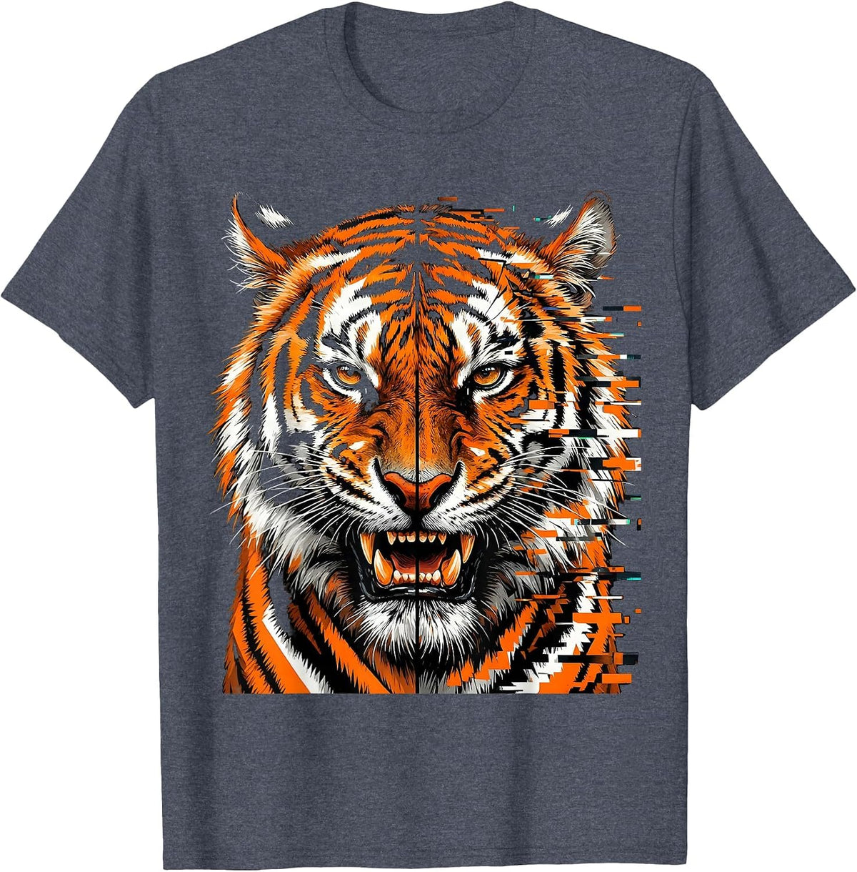 Bengal Tiger Face Split Symmetry Animal Print T-Shirt - Heather Blue