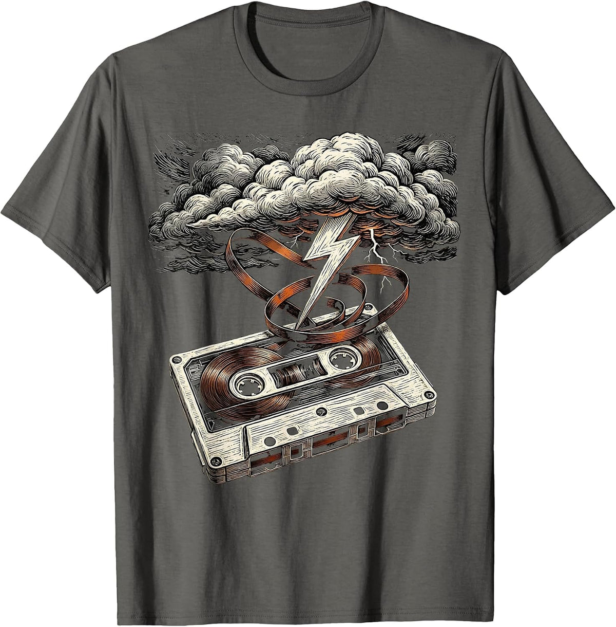 Men's Cassette Storm Rock Music Graphic Tee T-Shirt - Asphalt Grey