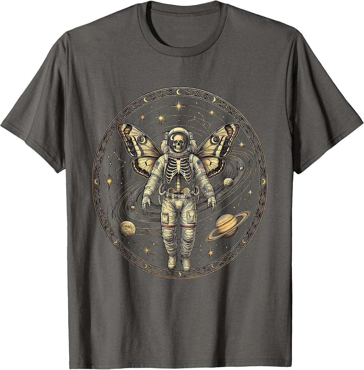 Skeleton Astronaut Floating in Space Illustration T-Shirt - Asphalt Grey