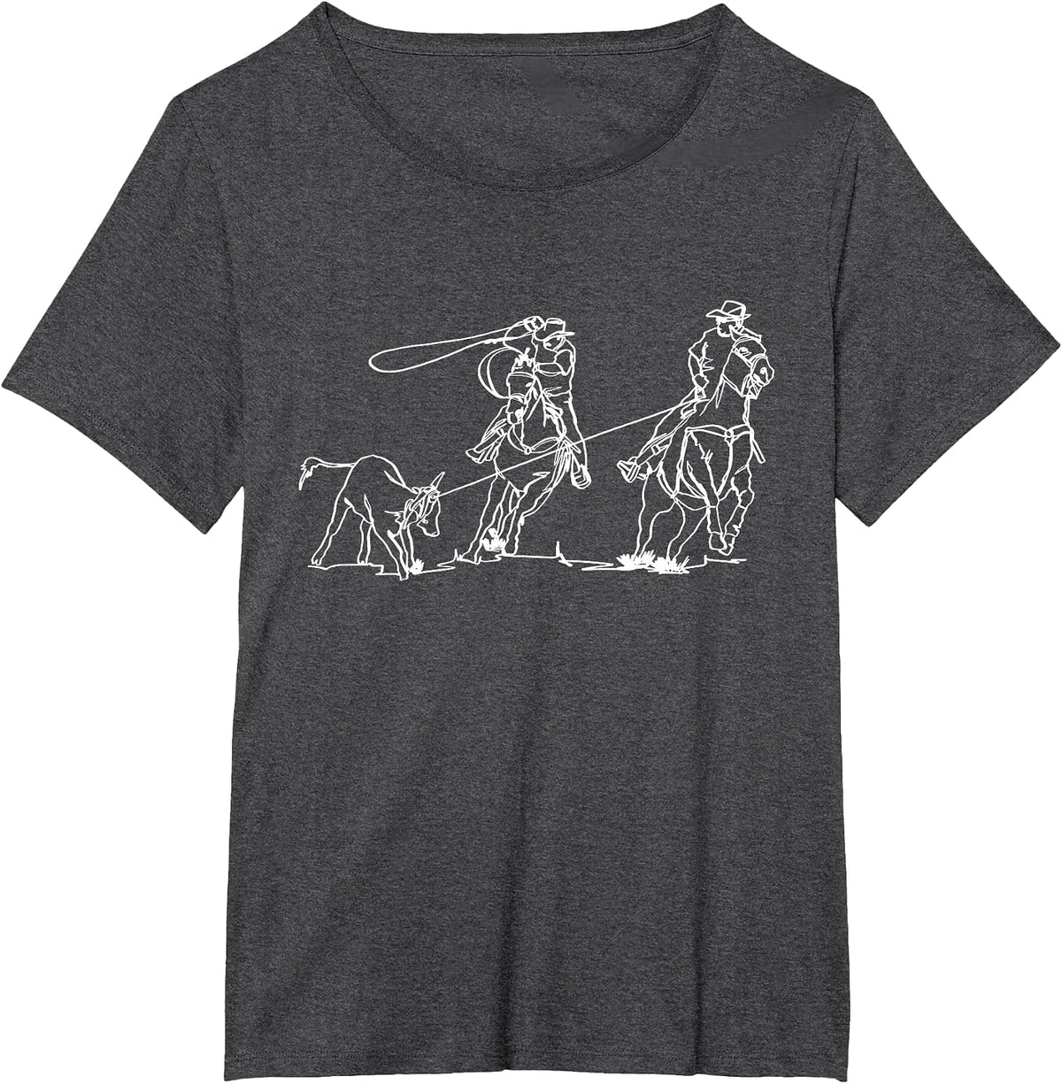 Team Roping Rodeo Cowboy Western Country One Line Art T-Shirt - Dark Heather Grey