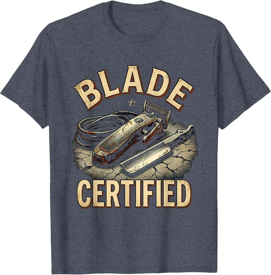 Blade Certified Vintage Barber Hairdresser Occupational T-Shirt - Heather Blue
