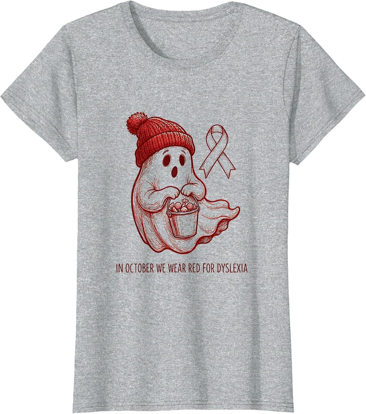 Women's In October We Wear Red for Dyslexia Line Art Dyslexia T-Shirt - Heather Grey