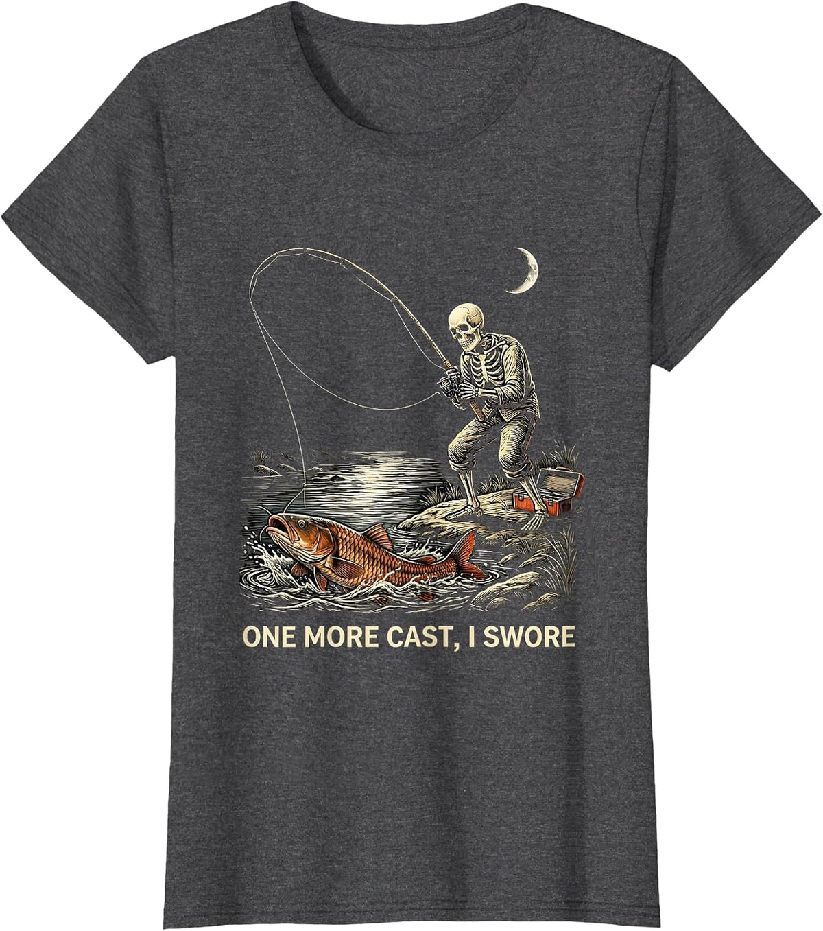 Women's One More Cast, I Swore Spooky Halloween Fishing Dad Gift T-Shirt - Dark Heather Grey