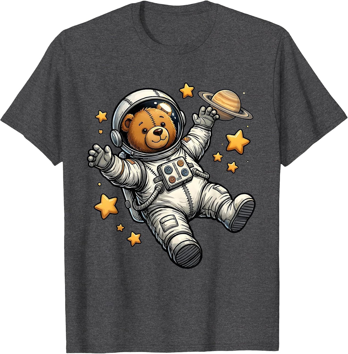 Teddy Bear Astronaut Floating in Outer Space T-Shirt - Dark Heather Grey