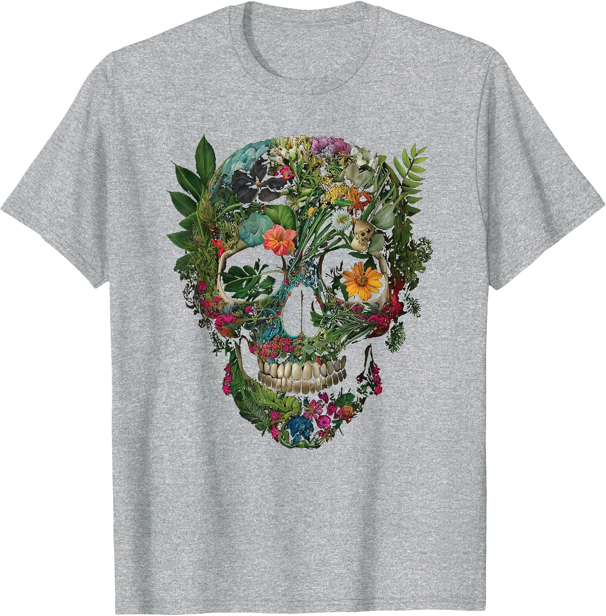 Haunted Botanical Garden Human Skull with Flowers and Plants T-Shirt - Heather Grey