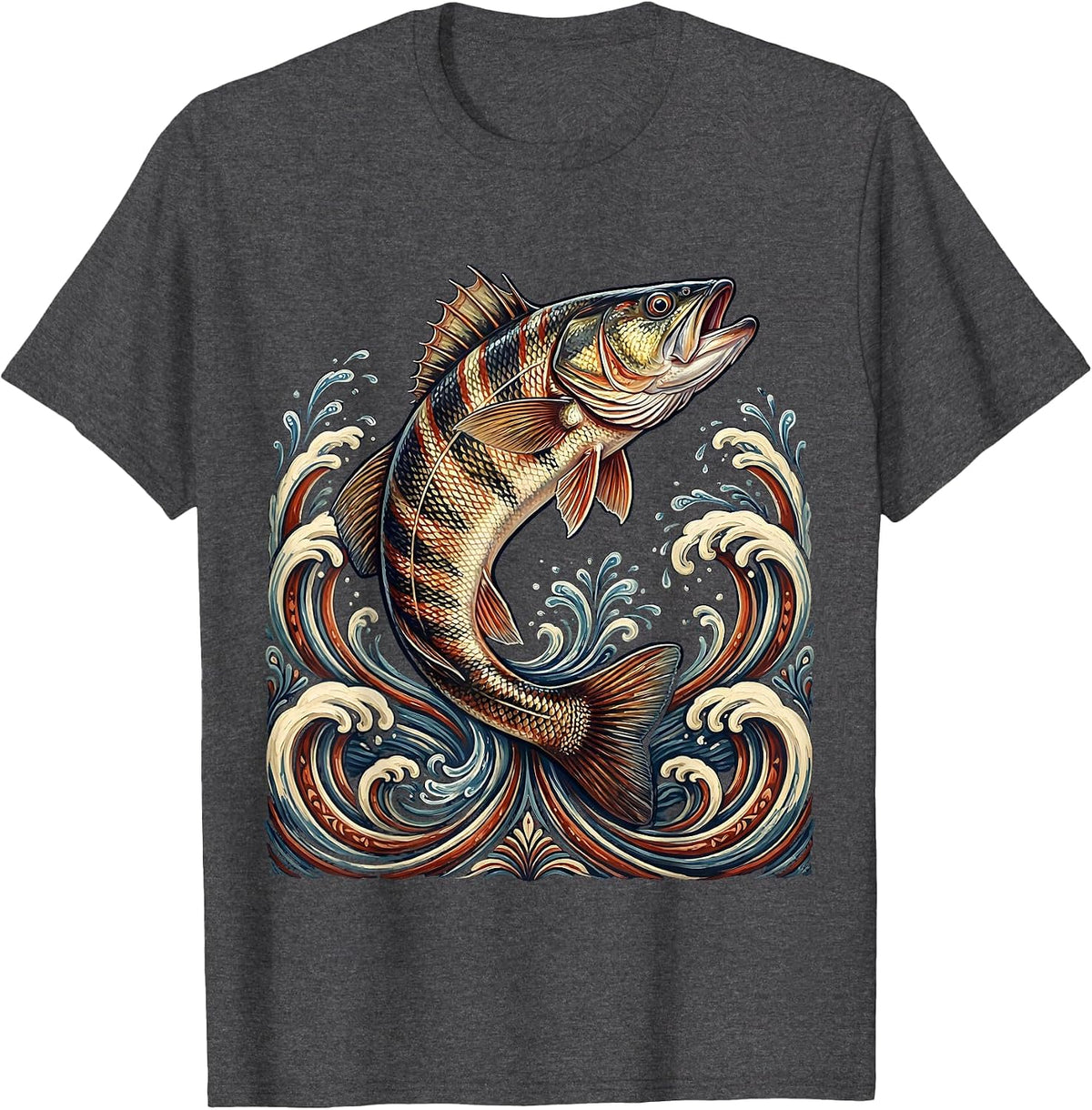 Striped Bass Leaping Ocean Waves East Coast T-Shirt - Dark Heather Grey