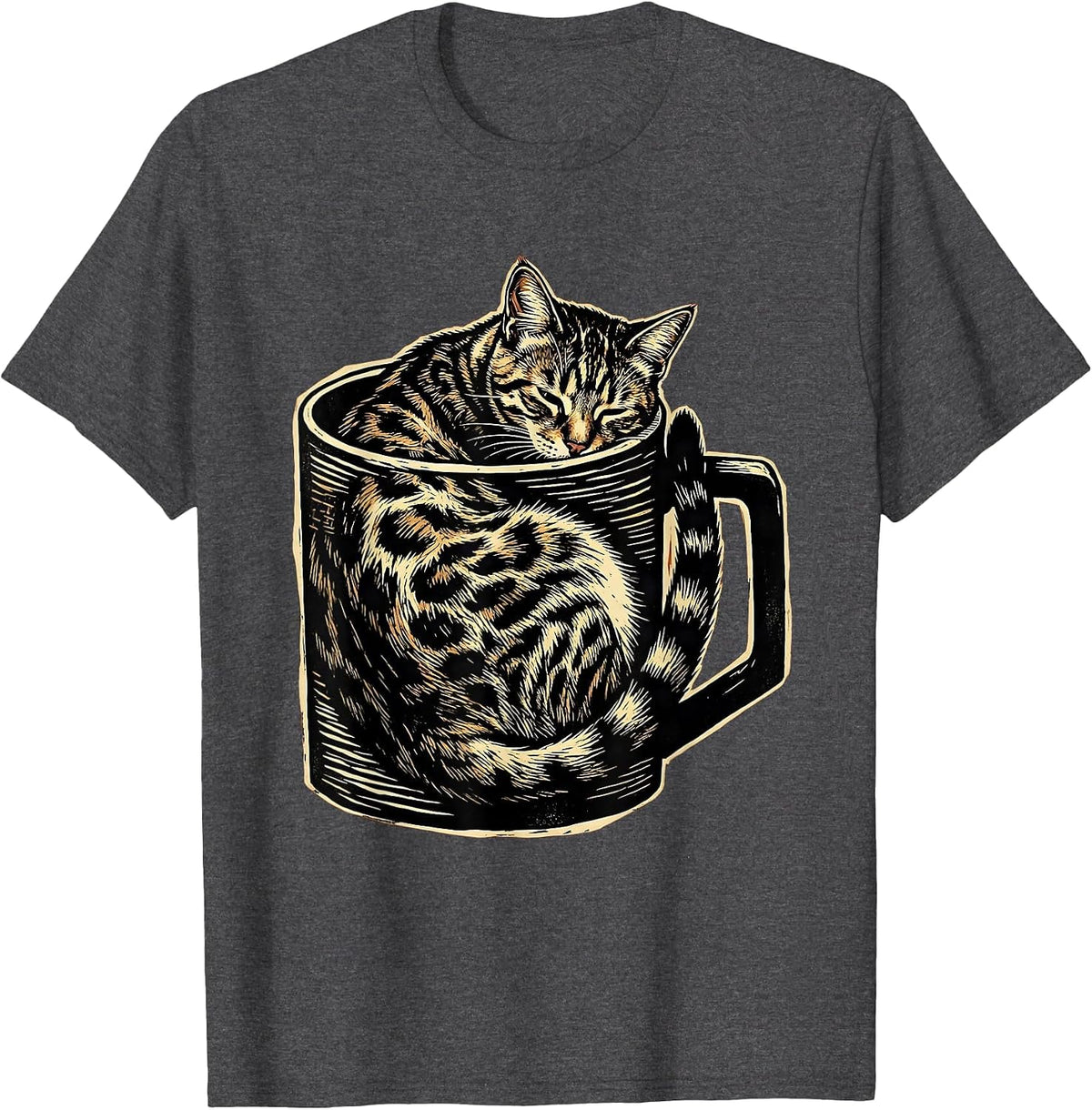 Men's Bengal Cat Curled in Coffee Mug Cute Cozy Design T-Shirt - Dark Heather Grey