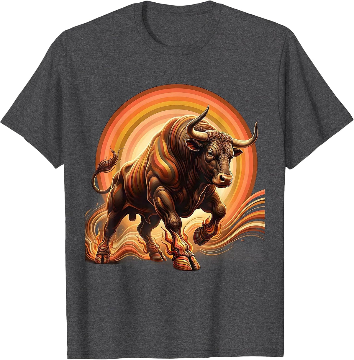 Men's Flaming Bull Rodeo Charging Beast Graphic Tee T-Shirt - Dark Heather Grey