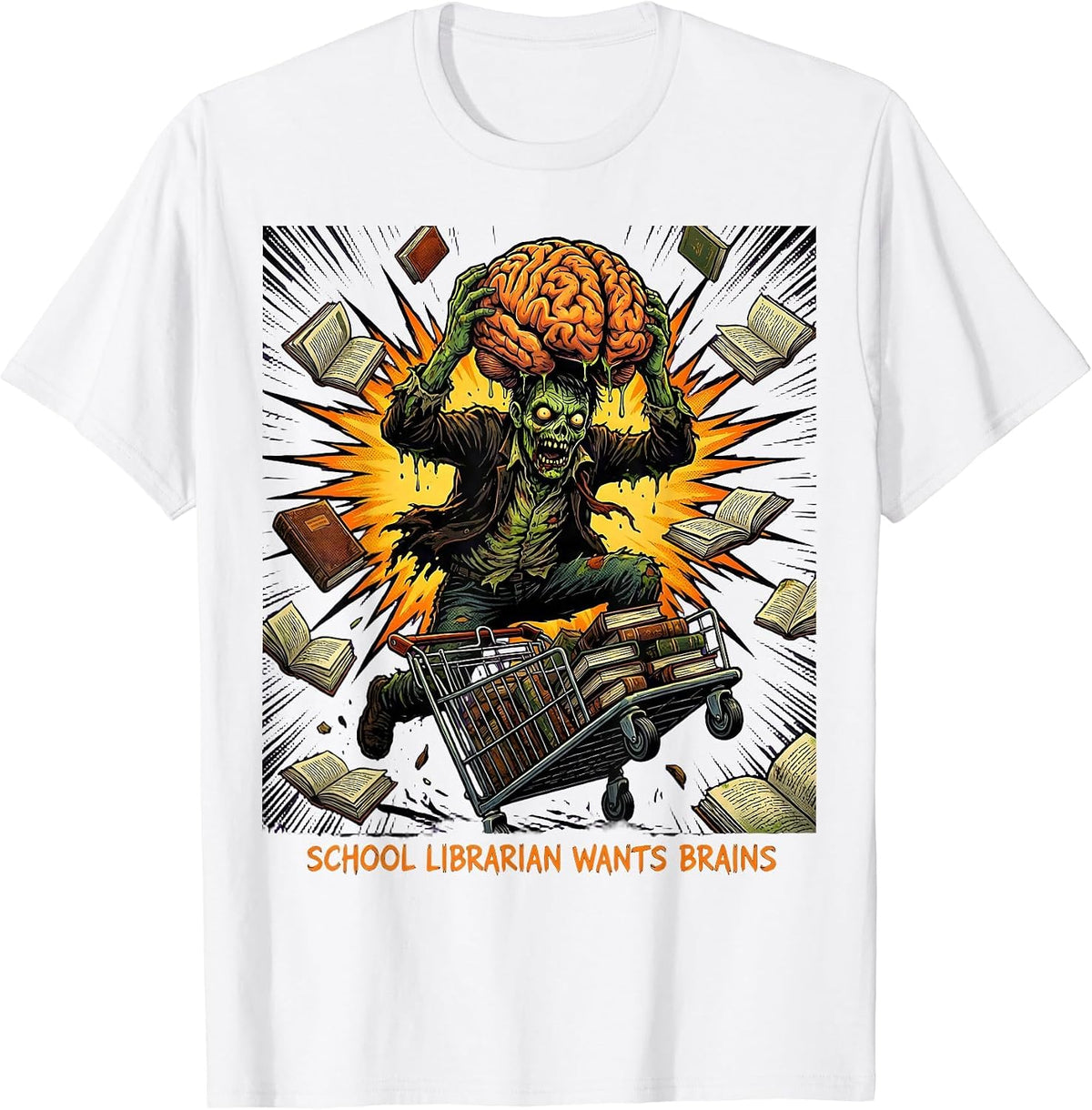 Men's School Librarian Wants Brains Comic Book Zombie Teacher T-Shirt - White