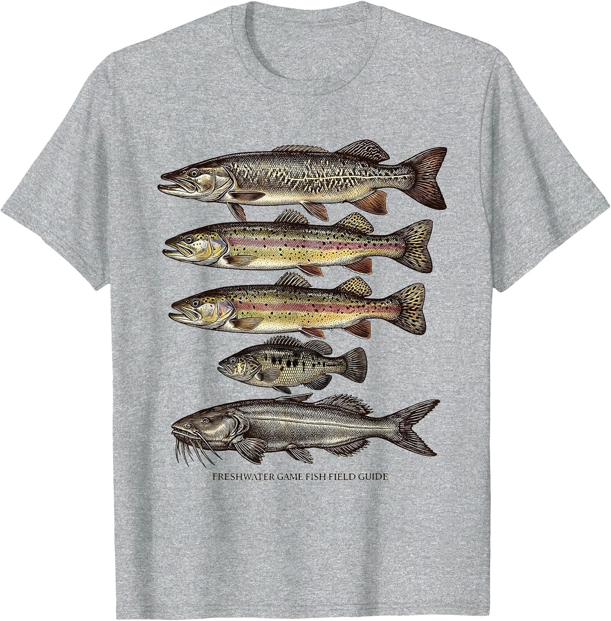 Men's Freshwater Game Fish Field Guide Crosshatch Etching Fishing T-Shirt - Heather Grey