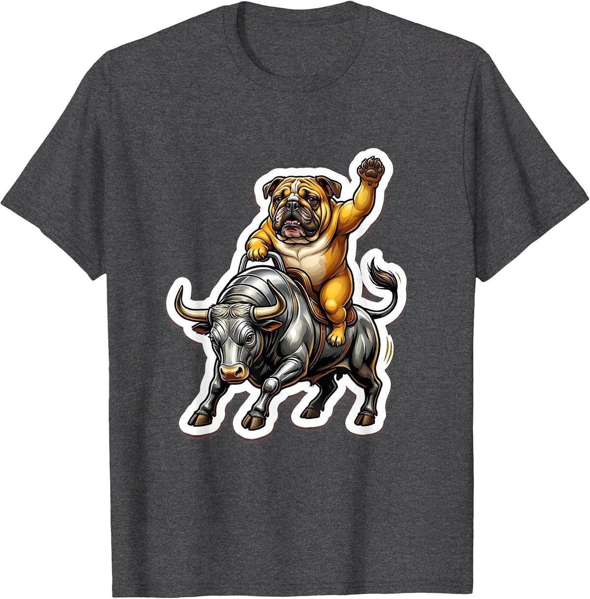 Bulldog Riding a Mechanical Bull Graphic Tee T-Shirt - Dark Heather Grey