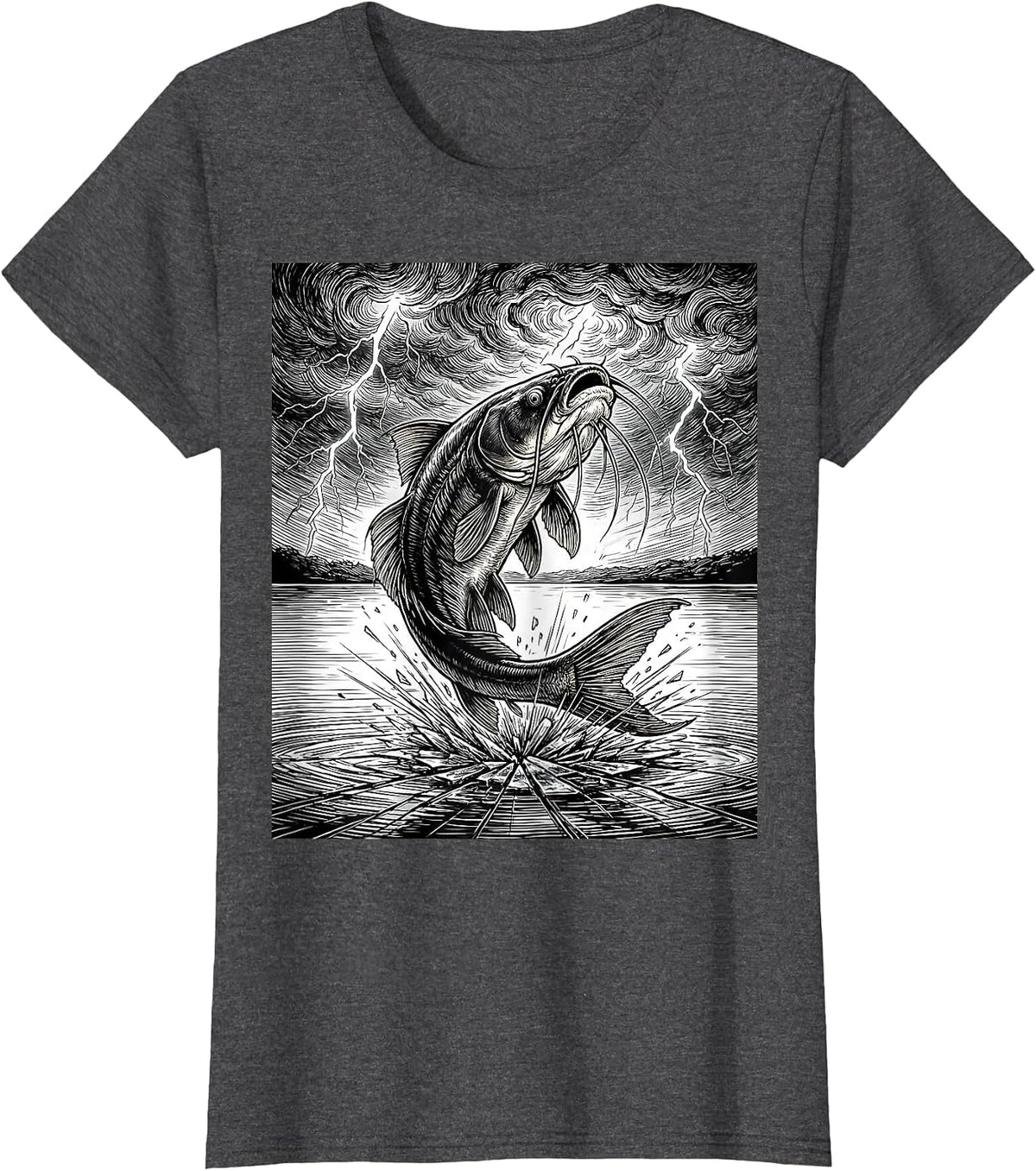 Women's Catfish Leaping From Lake Into Storm Graphic T-Shirt - Dark Heather Grey