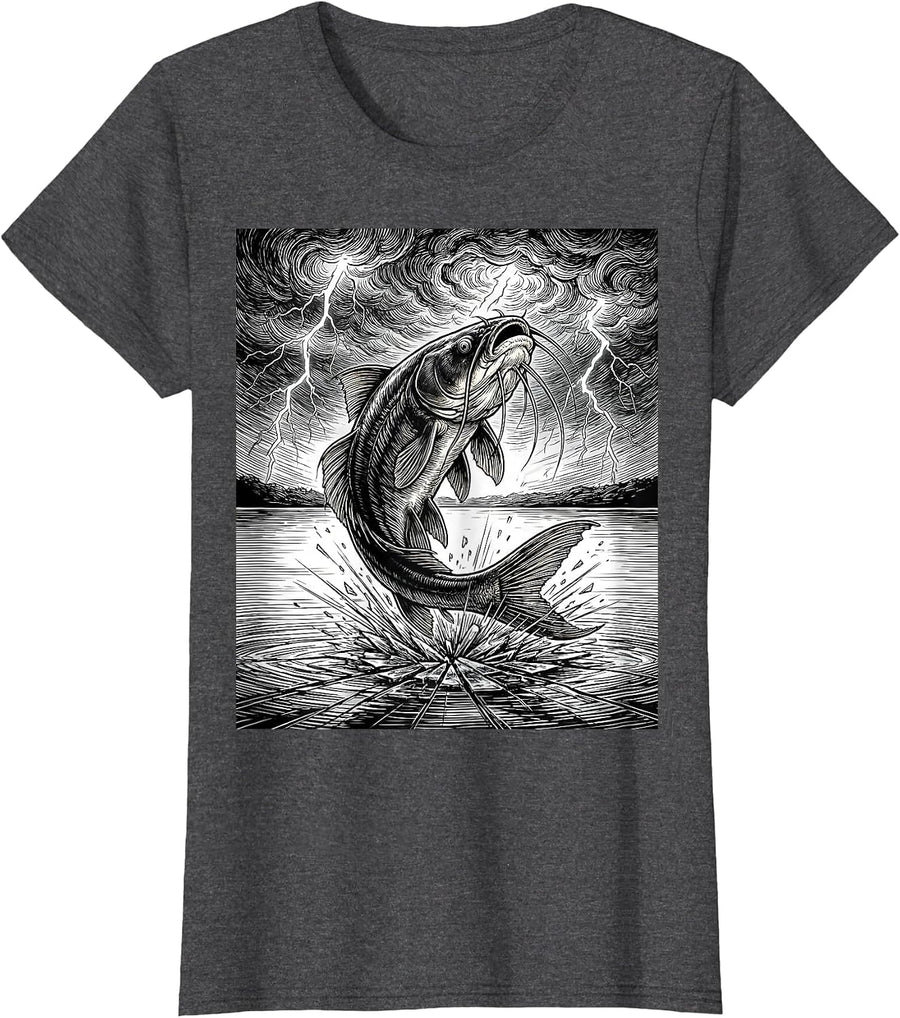 Women's Catfish Leaping From Lake Into Storm Graphic T-Shirt - Dark Heather Grey