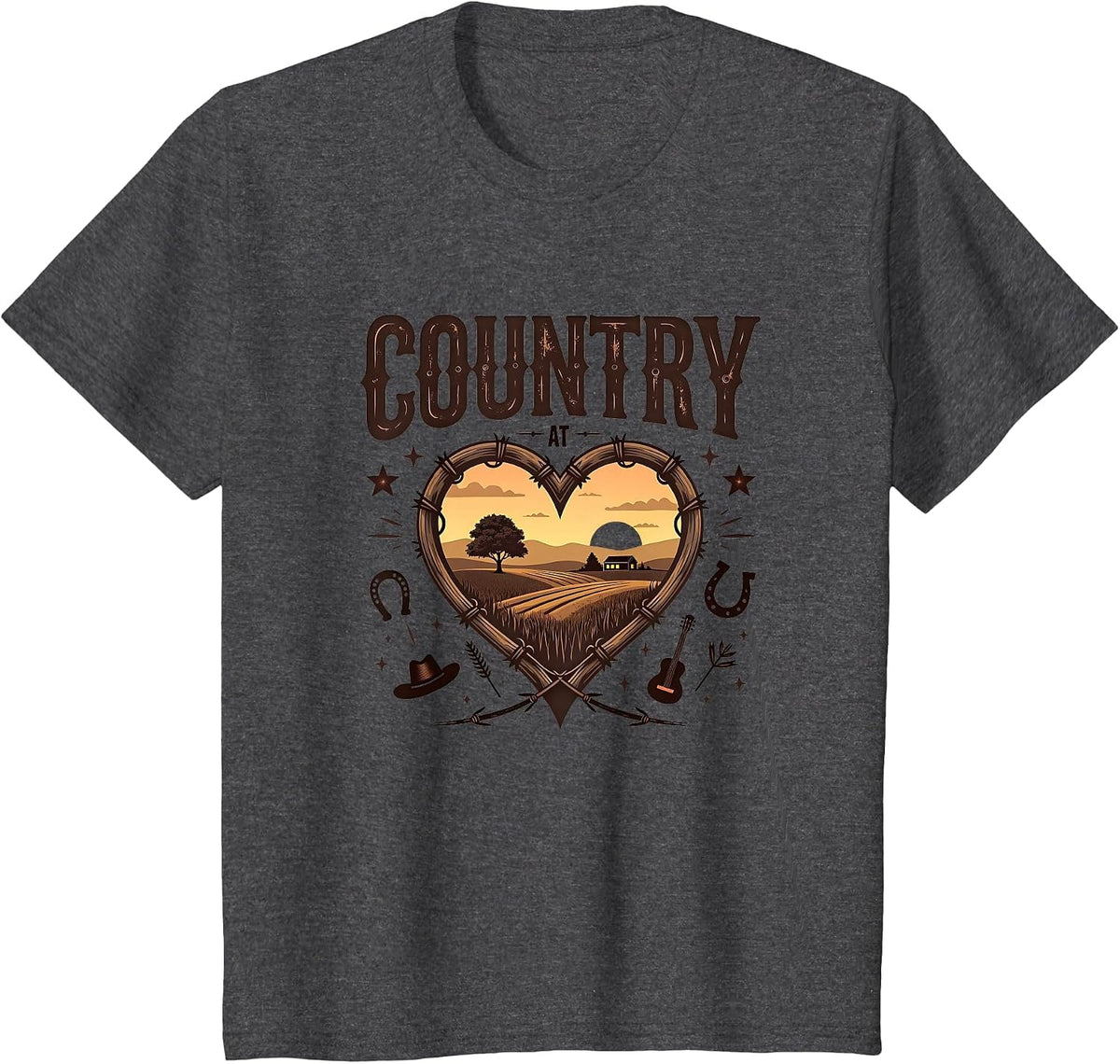 Country at Heart Rustic Farm Sunset Cowboy Western T-Shirt - Dark Heather Grey