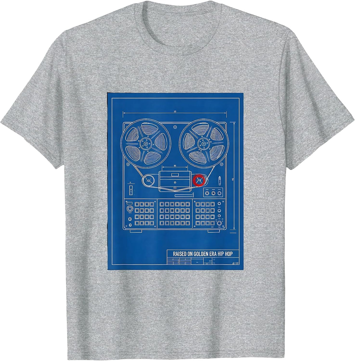 Men's Raised On Golden Era Hip Hop Technical Blueprint Cassette T-Shirt - Heather Grey