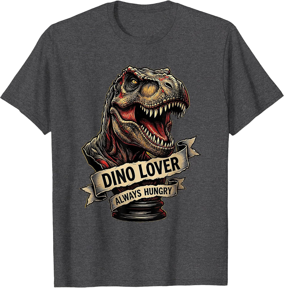 Dino Lover Always Hungry Boys Dinosaur Design T-Shirt - Dark Heather Grey