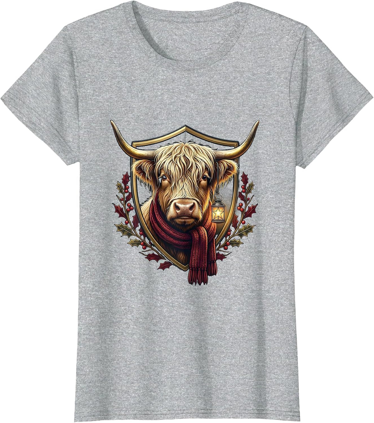 Women's Scottish Highland Cow Cozy Scarf Christmas Emblem T-Shirt - Heather Grey