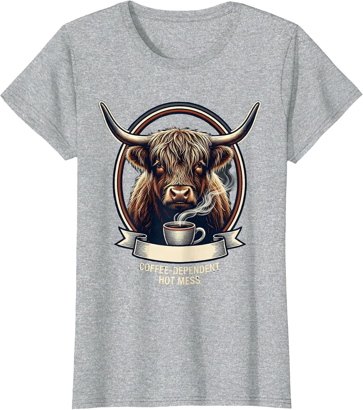 Coffee-Dependent Hot Mess Funny Highland Cow Coffee Lover T-Shirt - Heather Grey