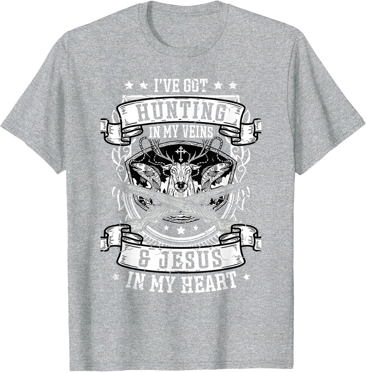 I've Got Hunting in My Veins and Jesus for a Hunter Deer T-Shirt - Heather Grey