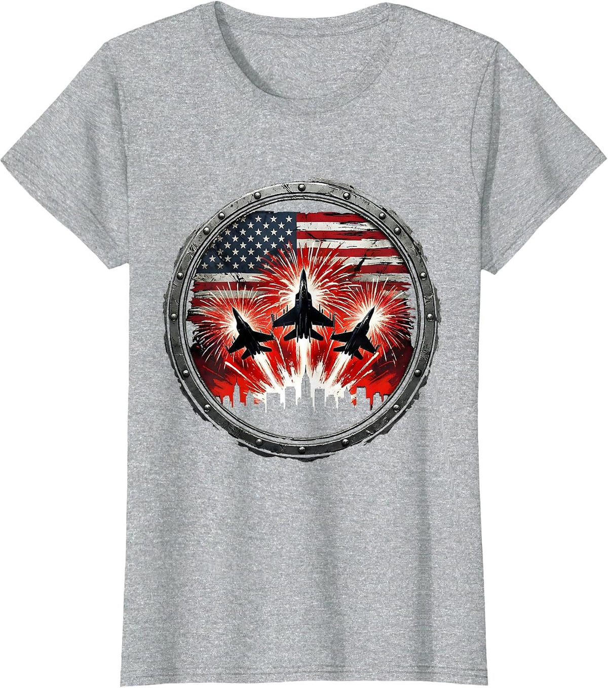 Red White and Blue Fireworks City Skyline T-Shirt - Heather Grey