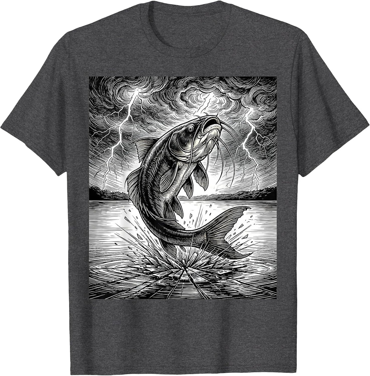 Men's Catfish Leaping From Lake Into Storm Graphic T-Shirt - Dark Heather Grey