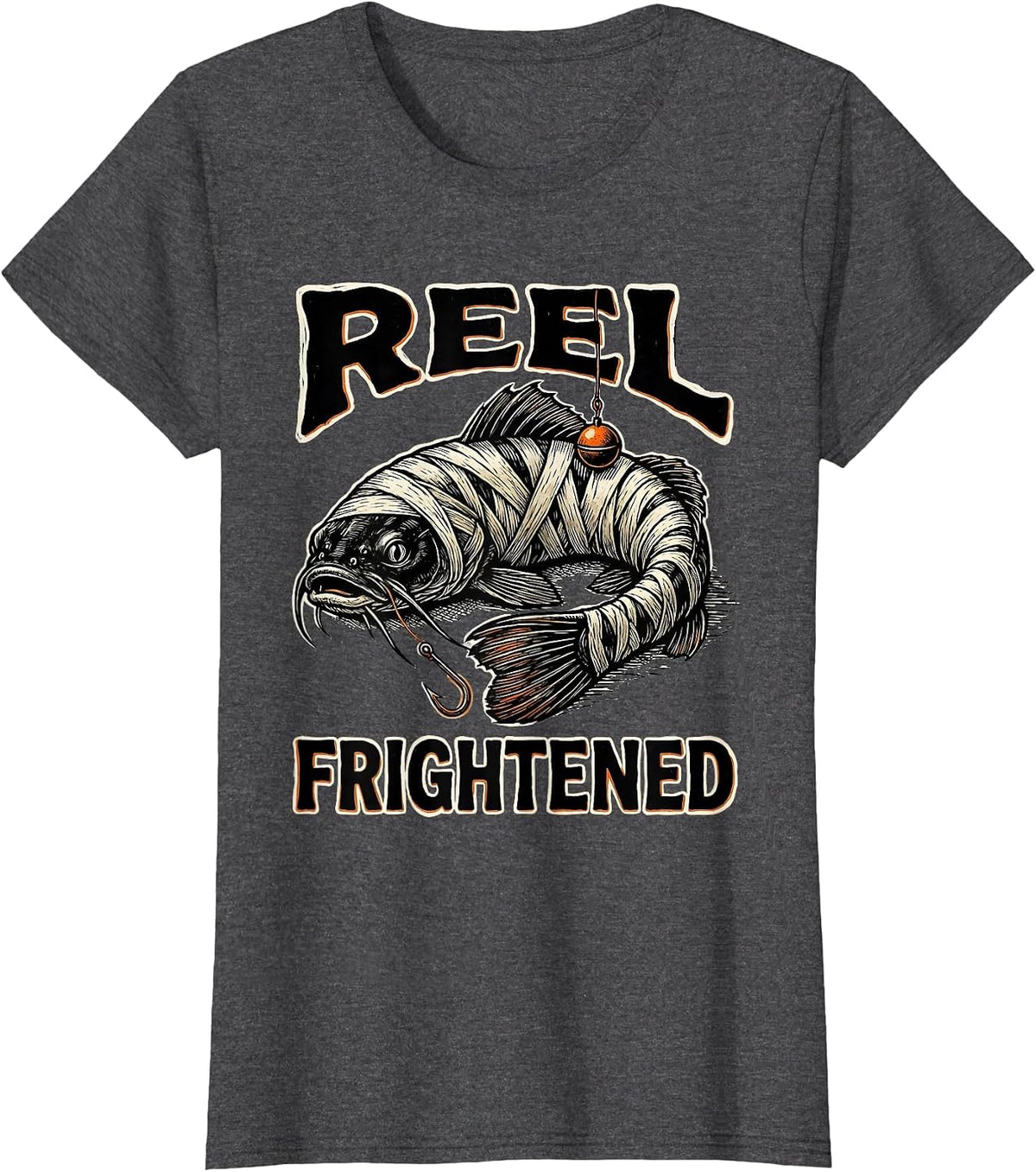 Women's Reel Frightened Linocut Halloween Skeleton Fishing Humor T-Shirt - Dark Heather Grey