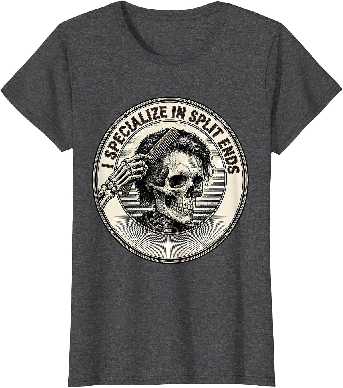 Women's I Specialize In Split Ends Funny Skeleton Hairstylist T-Shirt - Dark Heather Grey