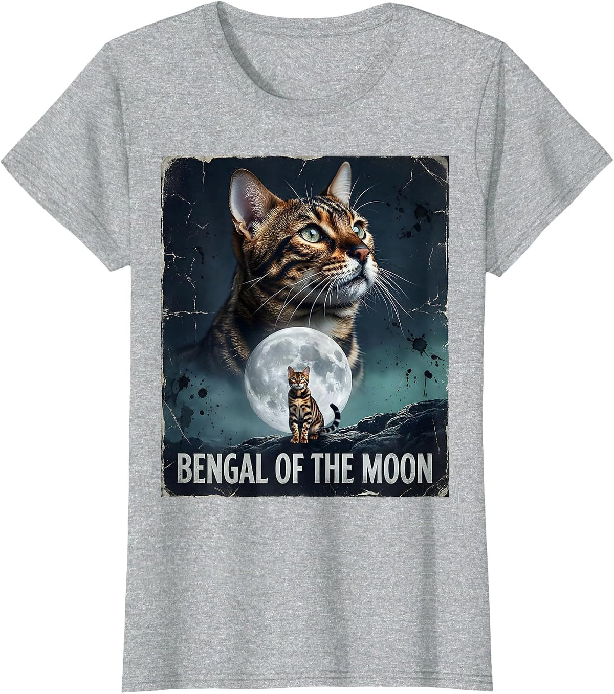 Bengal Of The Moon Distressed Funny Cat Lover Retro 90s T-Shirt - Heather Grey