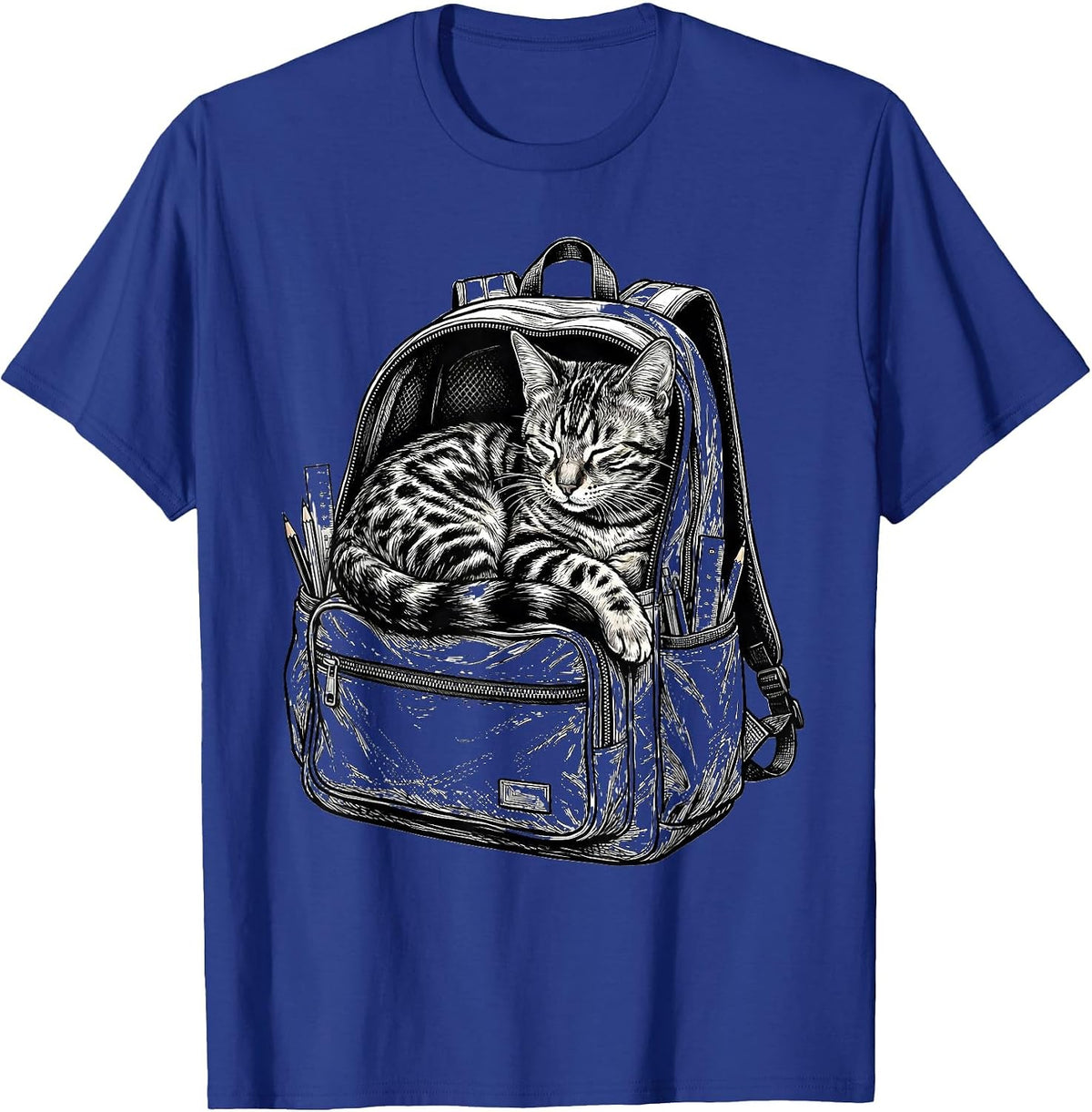 Bengal Cat Napping in Backpack Back to School T-Shirt - Royal Blue