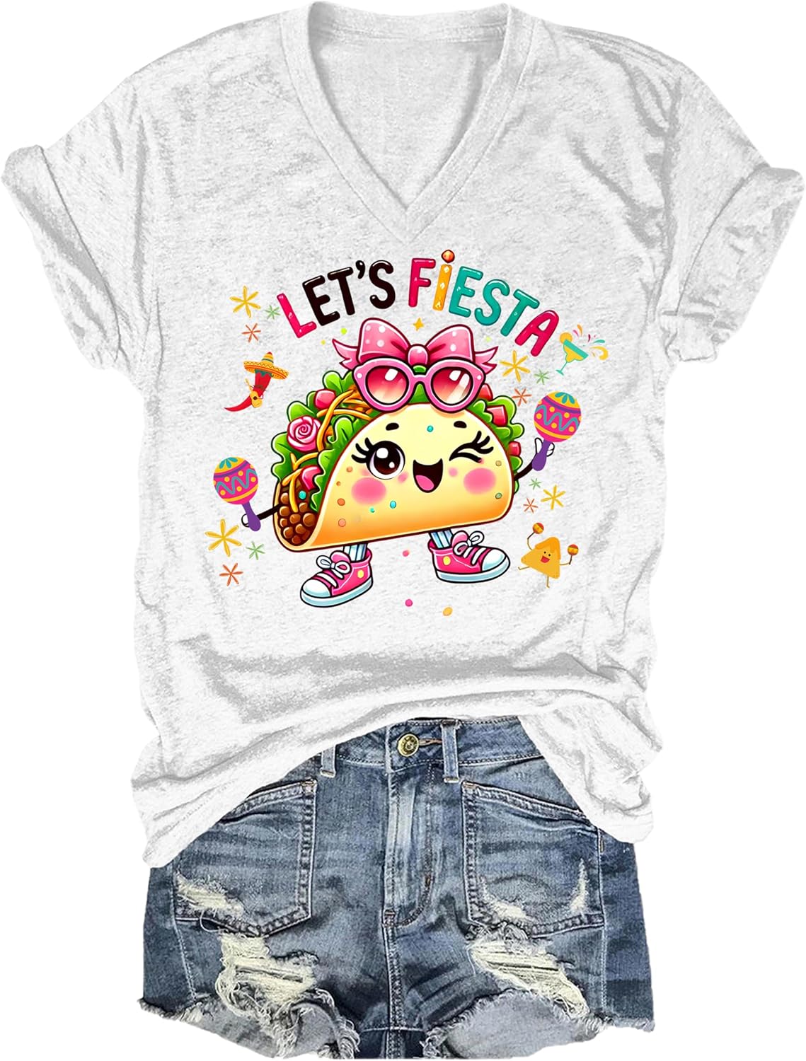 Cinco De Mayo Shirt Women Let's Fiesta Tshirt Lets Fiesta T Shirt Funny Cinco De Mayo Mexican Party T-Shirt - V-Neck White