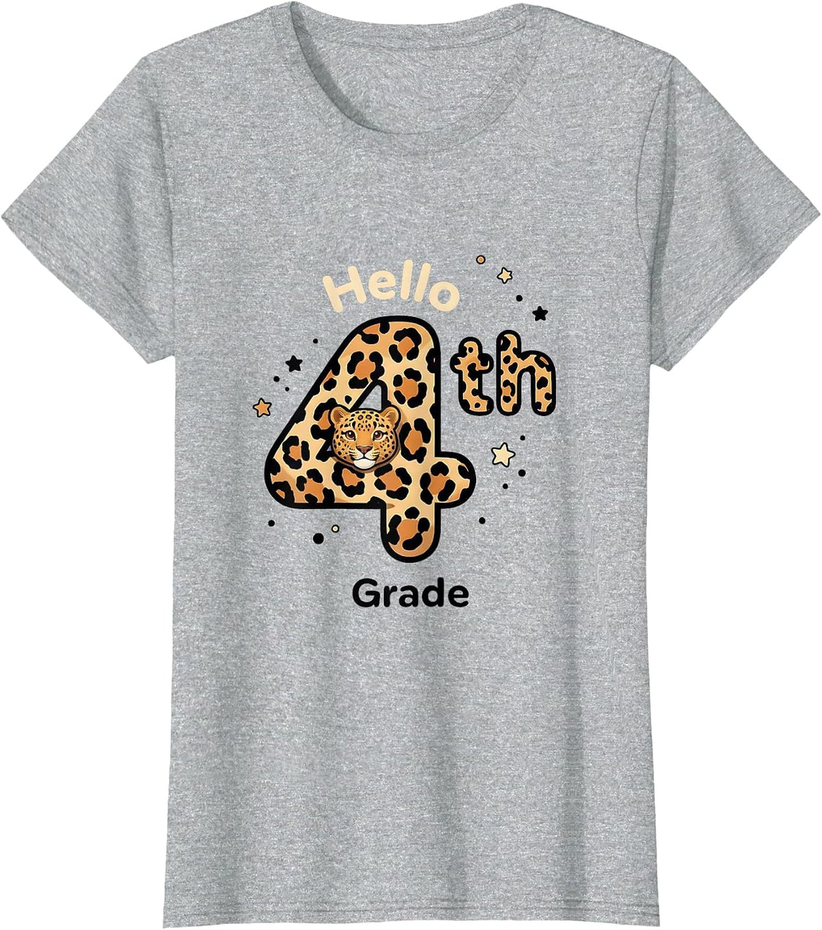 Women's Hello 4th Grade Cute Kawaii Leopard Teacher Student Back T-Shirt - Heather Grey