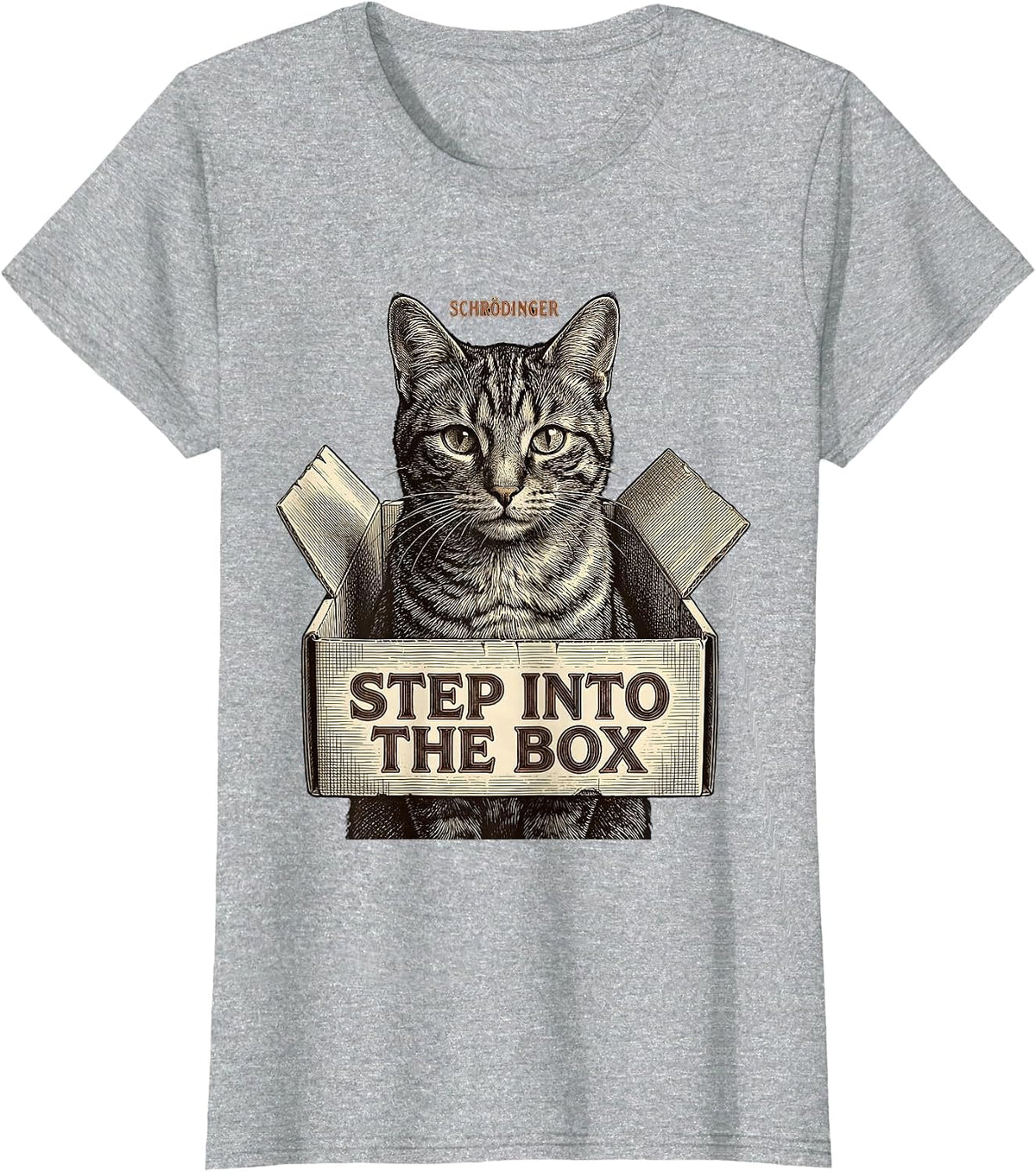 Women's Schrödinger, Step Into the Box Funny Quantum Physics Cat T-Shirt - Heather Grey