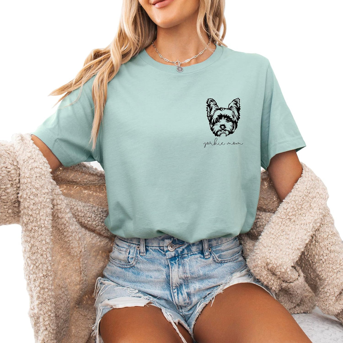 Verita Culture Women Yorkshire Terrier Mama Yorkie Dog Mom Owner Gift Graphic Tees New Puppy Adoption T Shirt Dusty Blue -
