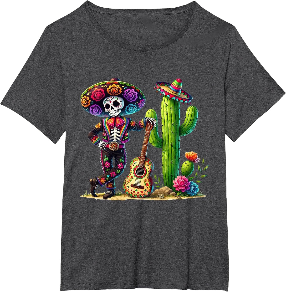 Men Skeleton Cinco De Mayo Mariachi Fiesta Guitar Cactus T-Shirt - Dark Heather Grey