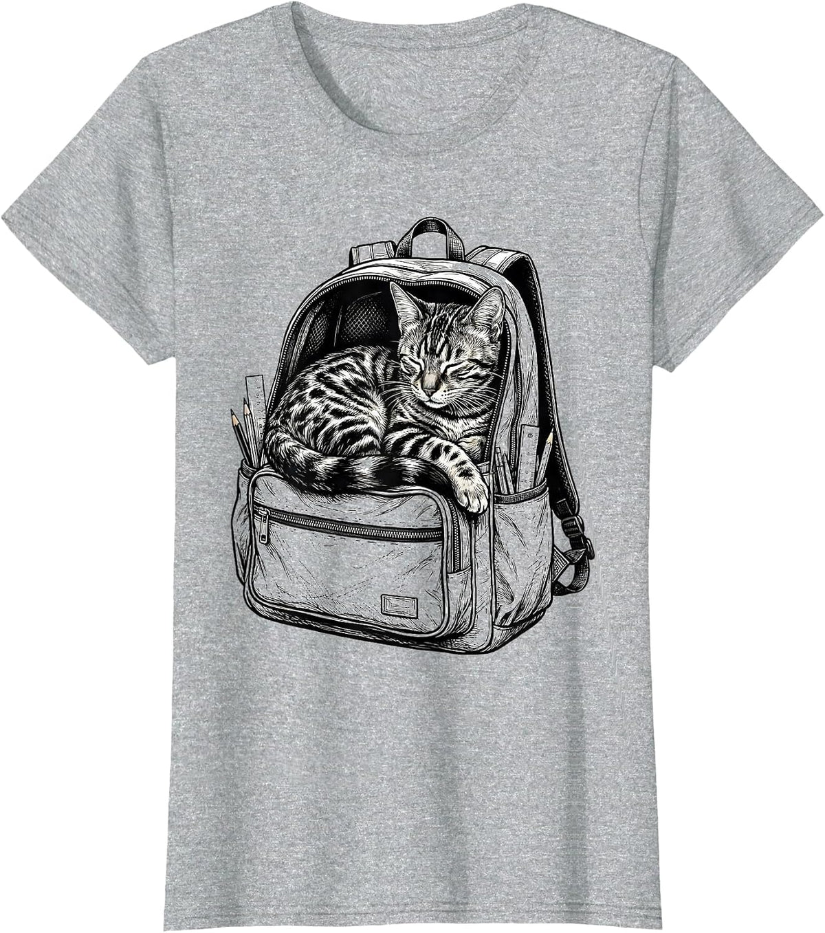 Bengal Cat Napping in Backpack Back to School T-Shirt - Heather Grey