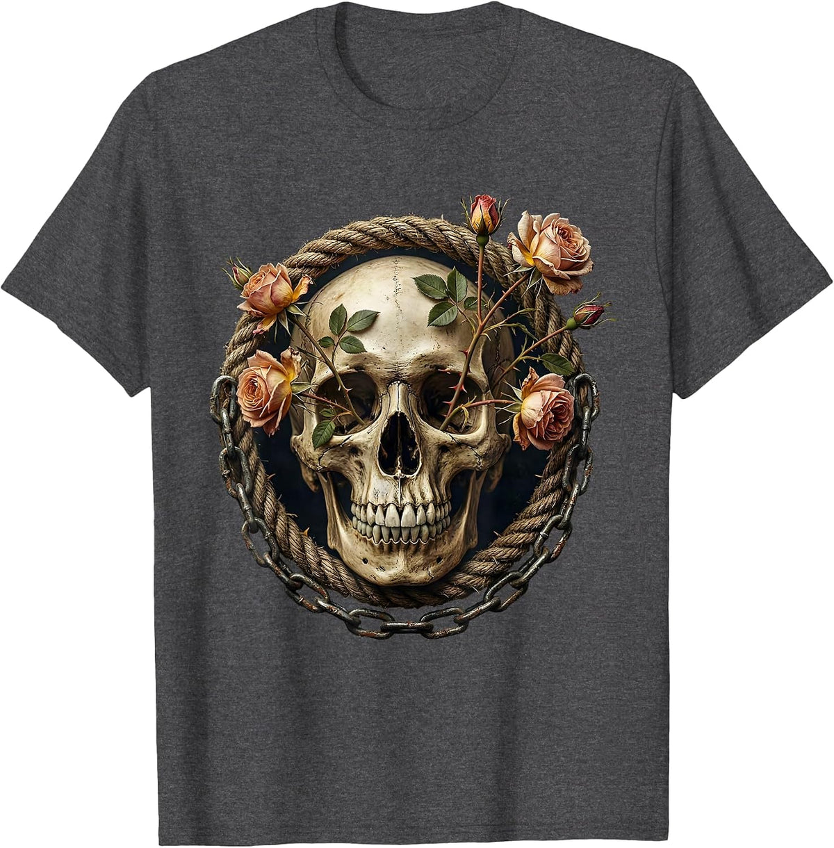 Skull and Wild Roses Through Eye Graphic T-Shirt - Dark Heather Grey