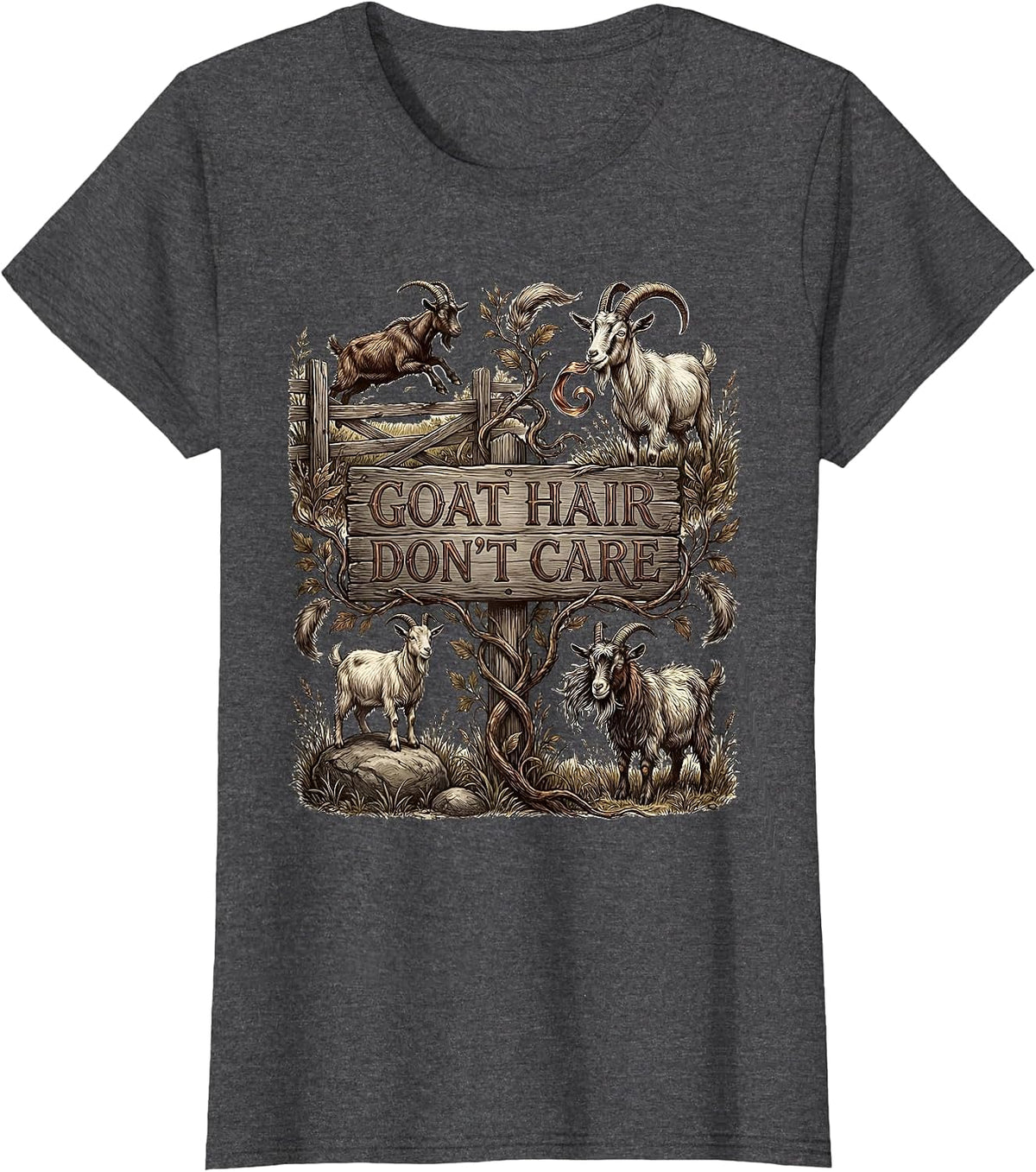 Women's Goat Hair Don't Care Funny Goat Lover Design T-Shirt - Dark Heather Grey
