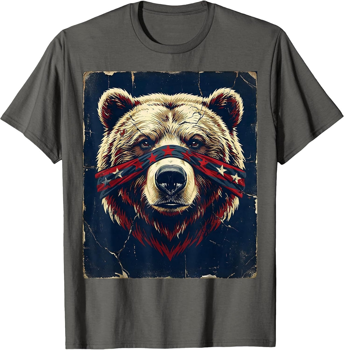 Men's Patriotic Bear Stars and Stripes Bandana Design T-Shirt - Asphalt Grey