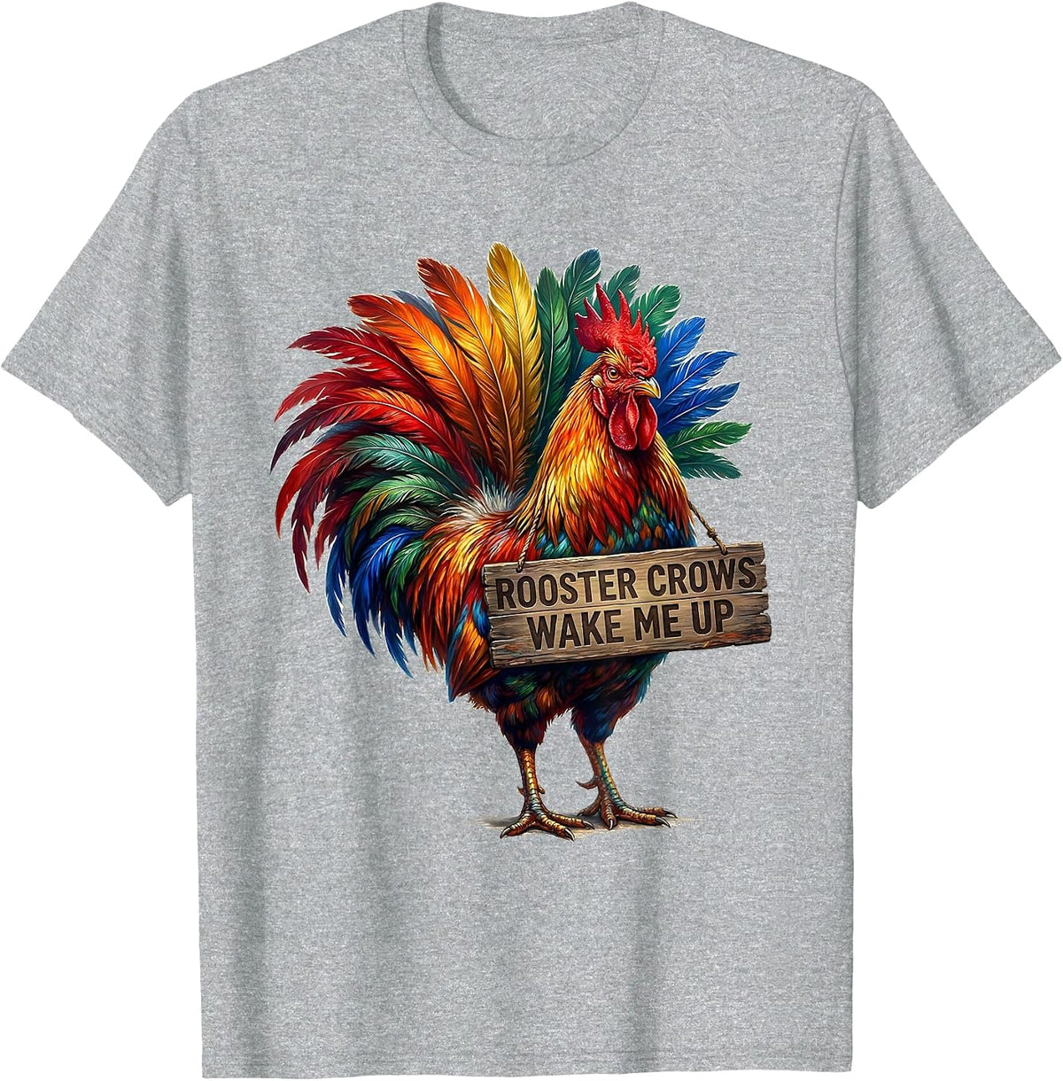 Men's Rooster Crows Wake Me Up Funny Farm Design T-Shirt - Heather Grey