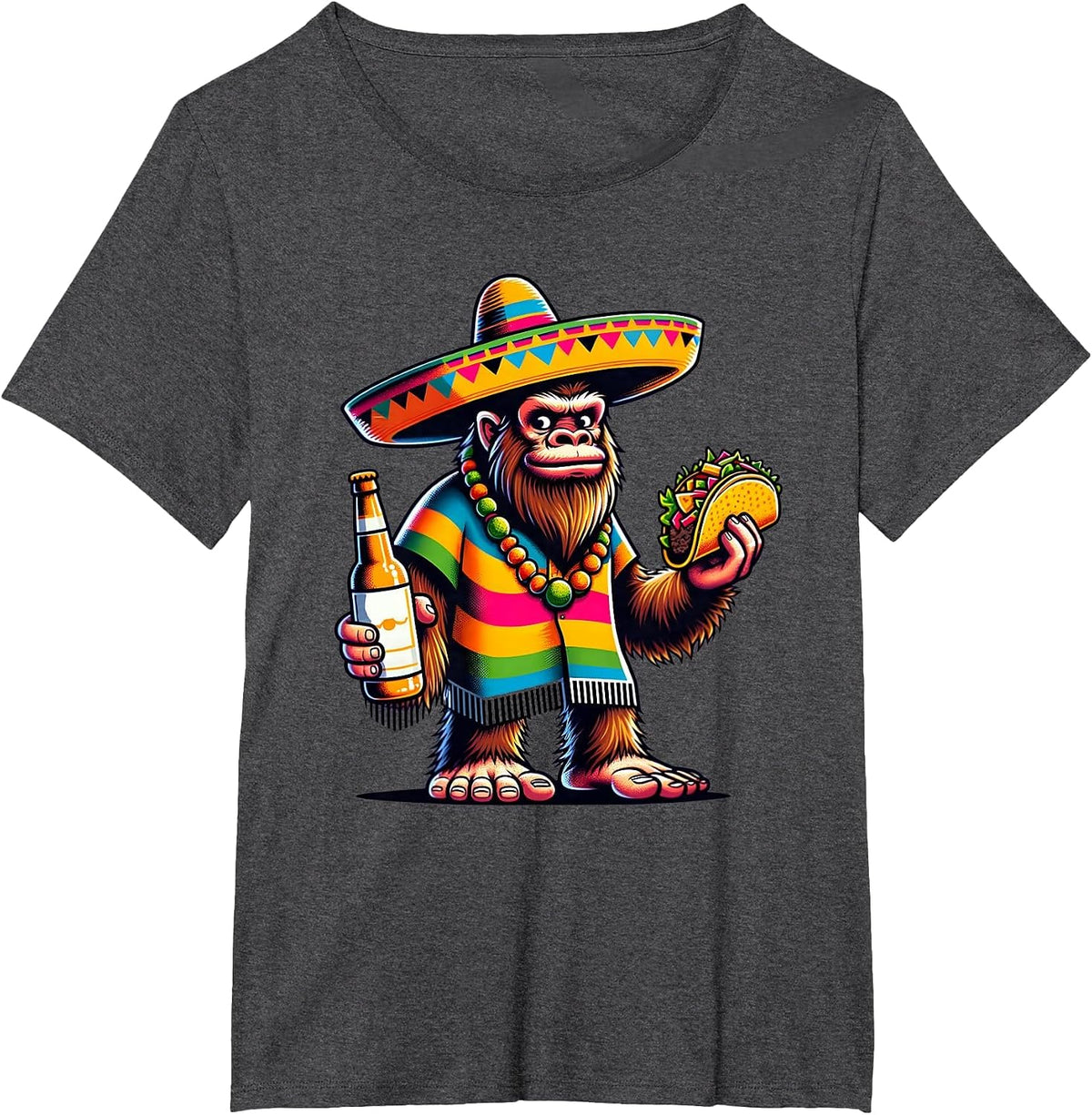 Funny Bigfoot with Taco & Beer Sasquatch Cinco de Mayo T-Shirt - Dark Heather Grey