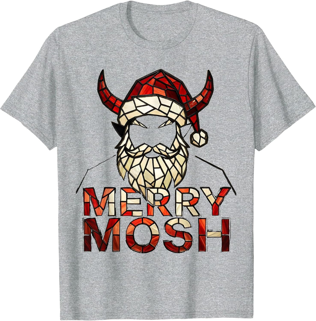 Men's Merry Mosh Stained Glass Heavy Metal Santa Parody Christmas T-Shirt - Heather Grey
