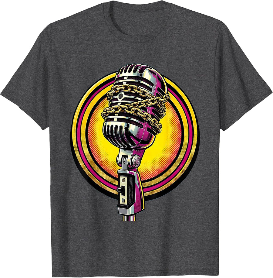 Men's Gold Chain Microphone Hip Hop Graphic Tee T-Shirt - Dark Heather Grey