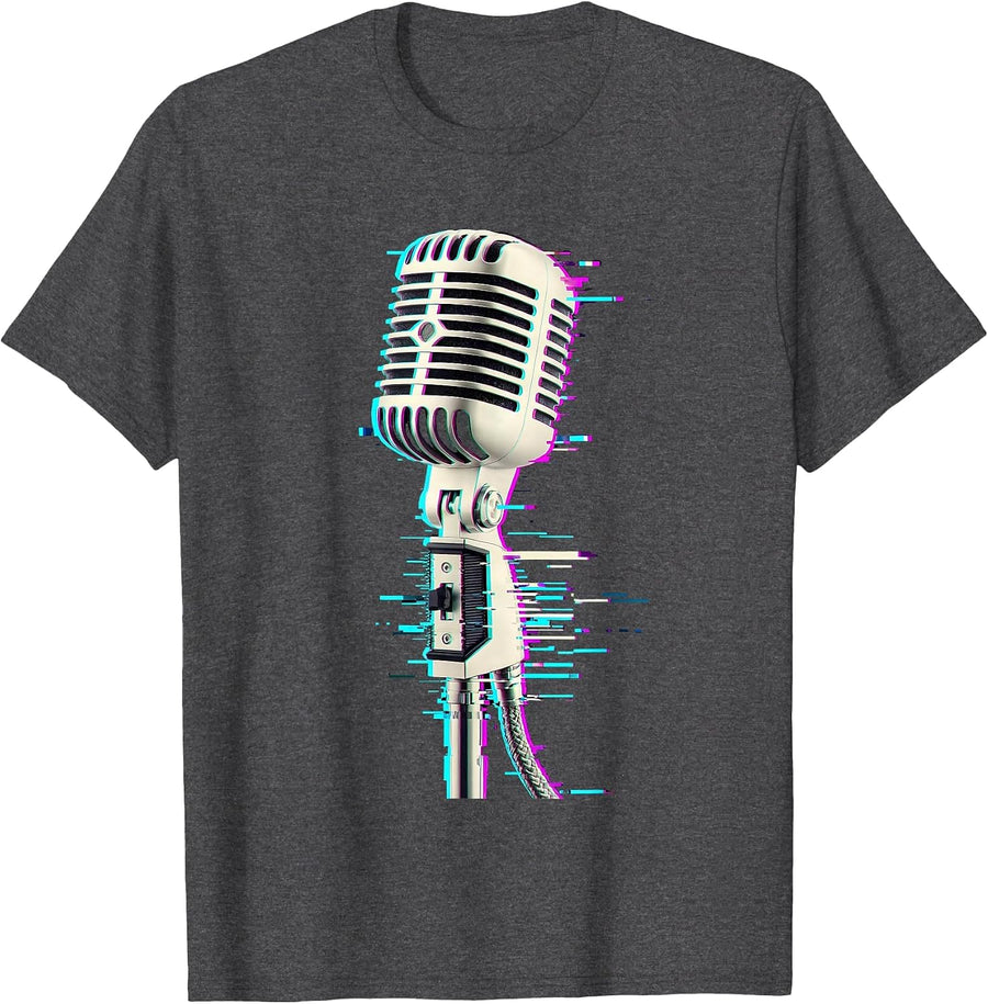 Men's Vintage Microphone Glitch Hip Hop Nostalgia Streetwear T-Shirt - Dark Heather Grey