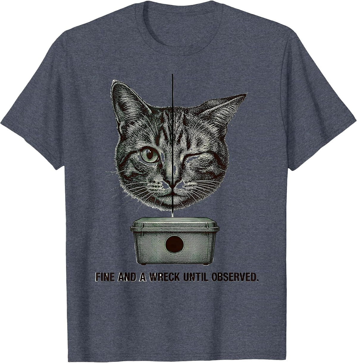 Fine and a Wreck Until Observed Quantum Physics Cat Humor T-Shirt - Heather Blue