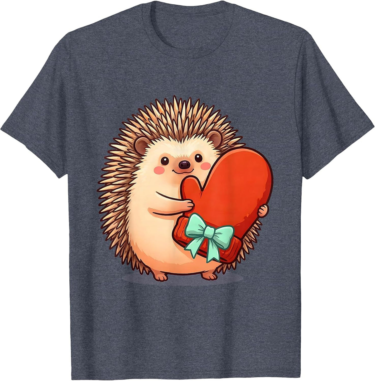 Hedgehog Hugging Christmas Mitten Cute Kawaii Animal Lover T-Shirt - Heather Blue