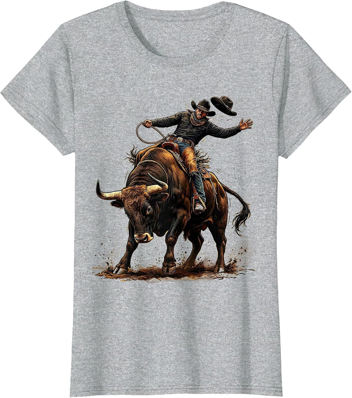 Black Cowboy Bull Riding Graphic Tee T-Shirt - Heather Grey