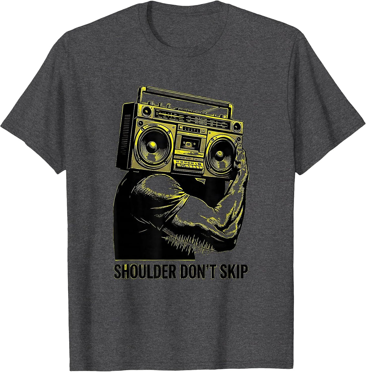 Shoulder Don't Skip Stencil Graphic Old School Hip Hop T-Shirt - Dark Heather Grey