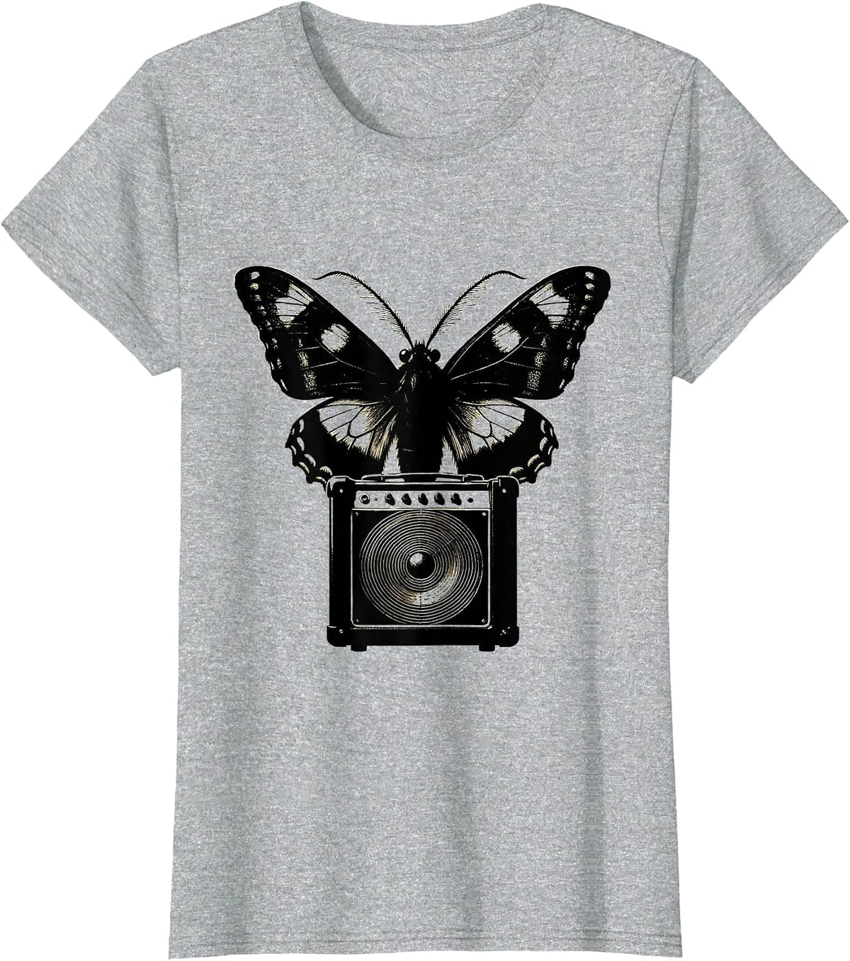 Moth and Glowing Amp Light Rock Music Graphic T-Shirt - Heather Grey